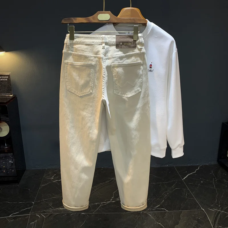 

Свободные прямые джинсы из рисового абрикоса, повседневные и простые брюки большого размера, осенние трендовые брюки 2025 года, мужские универсальные брюки