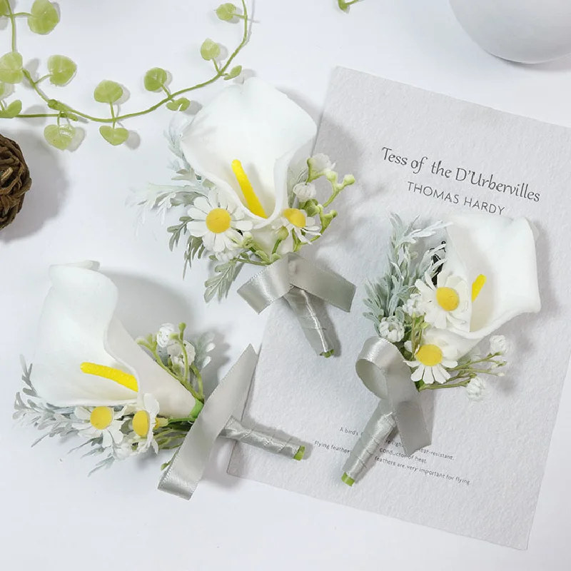 Boutonnière et Corsag de Poignet pour Invités de Banquet, Fournitures de Mariage, Fleurs Simulées, Marié, Mariée, Argent, Blanc, Détruire, 351