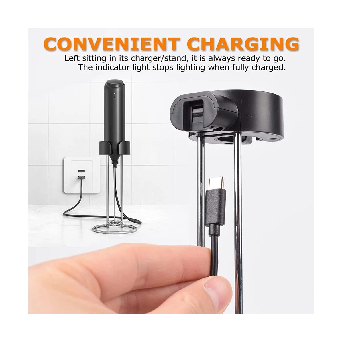 Milk Frother Handheld, USB Rechargeable Wall-Mounted Stand, Mini Milk Foamer, Electric Whisk Drink Mixer Foam Maker