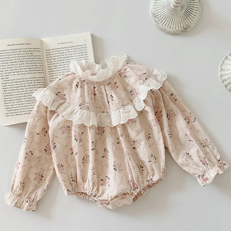 

2024 New Spring 0-24M Children Clothes Infant Baby Girls Jumpsuit Long Sleeved Cotton Print Splicing Newborn Baby Girls Bodysuit