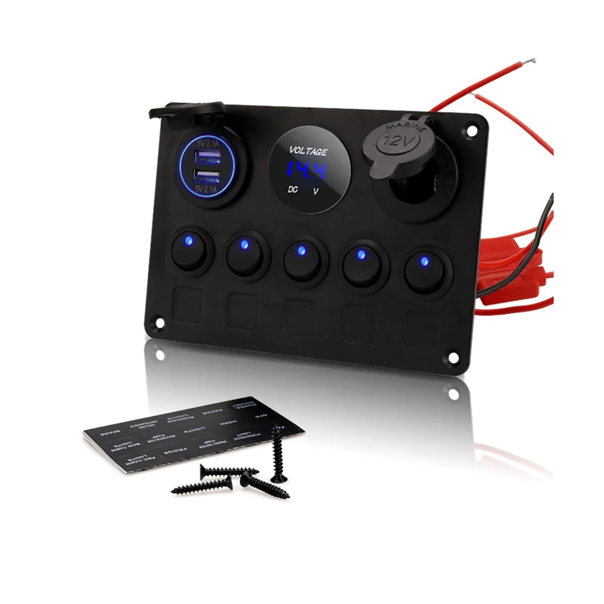 

Car Boat 5 Gang Switch Panel for Boat Yacht Caravan-Truck Waterproof Voltmeter Power Dual USB Socket Panel 12V