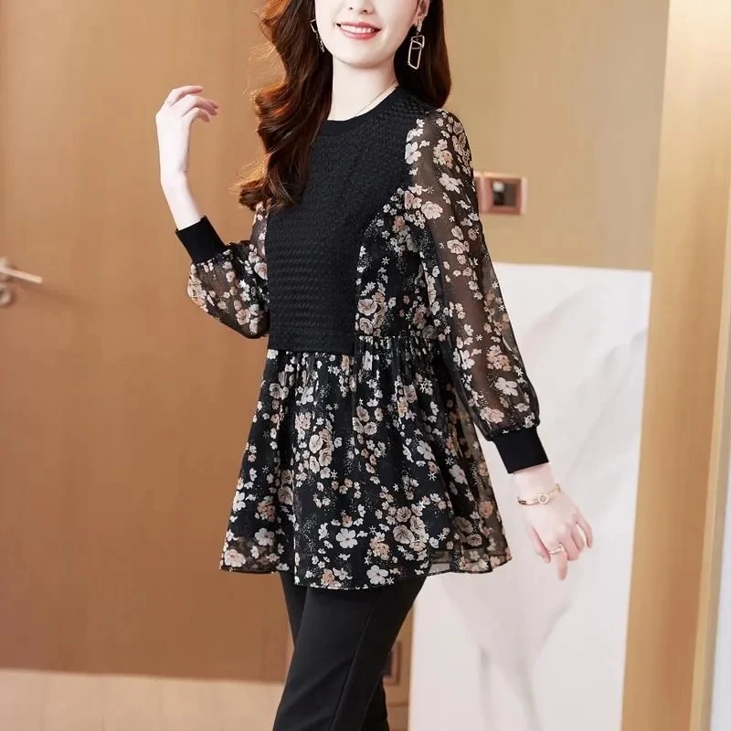 Black Polka Dot Chiffon Tops Women's Long Sleeved Fake Two Pieces T-shirt Fashion Slim Temperament Shirts Female Pullover Tees