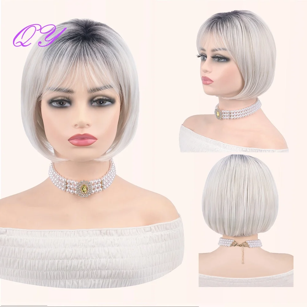 

Synthetic Short Silky Smooth Straight Beige Gray With Bangs Gradient Dark Hair Roots For Daily Party Cosplay Holiday Women Wig