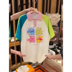 2024 New Oversized Female Casual Korean Patchwork Turn-down Collar Short Sleeve T-Shirt Summer Cute Cartoon Buttons Polo Shirts