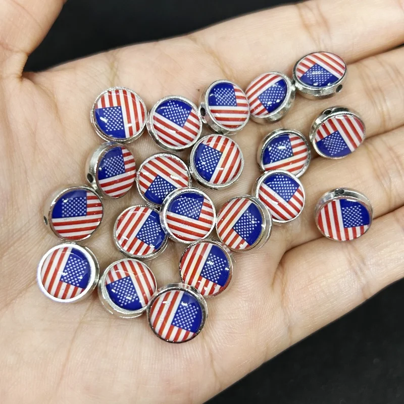 20PCS Silver American Flag Beads Independence Day National Day Celebration Accessories for DIY USA Bracelet Jewelry Making