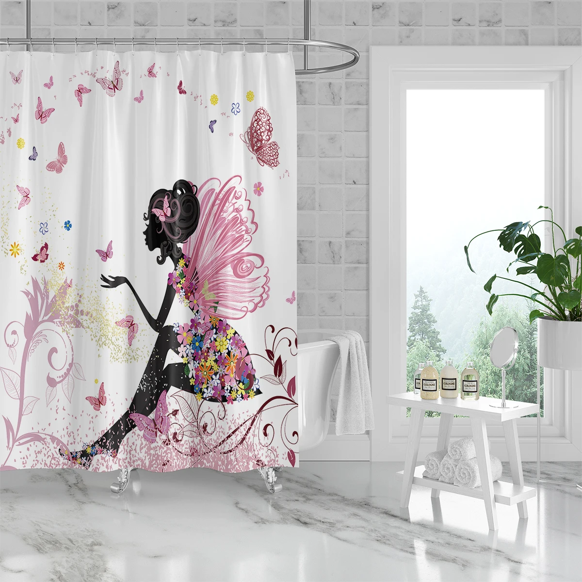 1PC 180x180cm  Little Fresh Butterfly Girl Flower Pattern Polyester Shower Curtain Waterproof Cloth Decoration Bathroom Curtain