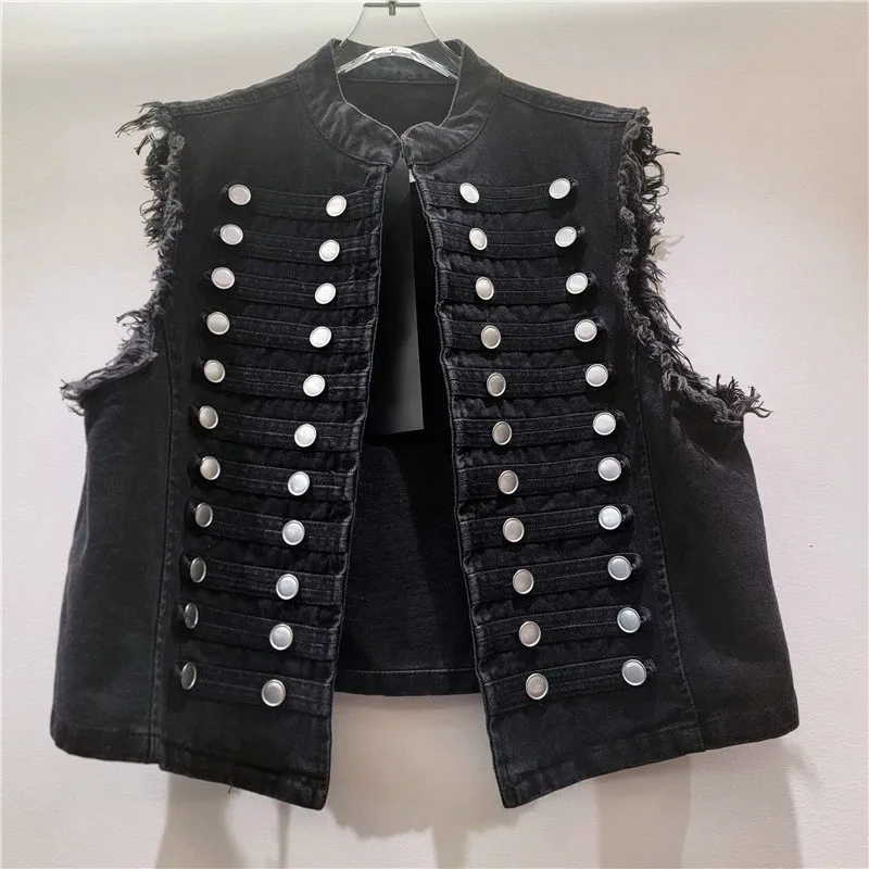 Vintage Double-Row Buttons Decoration Denim Vest Women White Black Blue Short Cardigan Stand Collar Sleeveless Cowboy Waistcoat