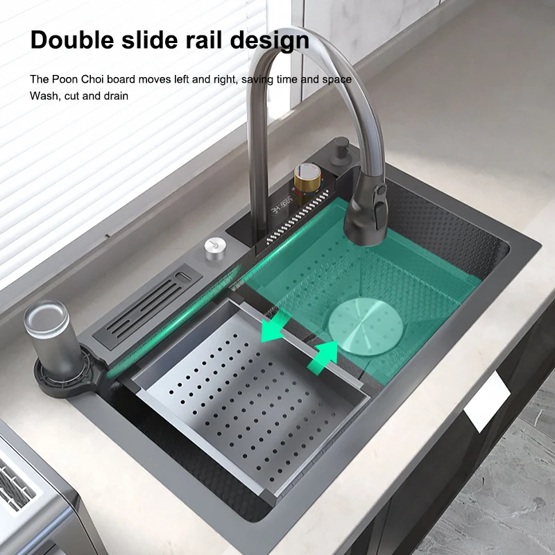 Relevo Cachoeira Único Slot Pia De Cozinha De Aço Inoxidável, Lavatório Grande, Utensílios De Tanque De Lavagem Do Prato Esquerdo