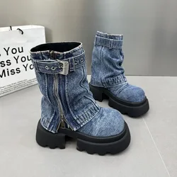 Fashion Cowboy Boots for Women Walking Platform Shoes Female Spring New Thick Bottom Side Zip Belt Buckle Mid-calf Boots