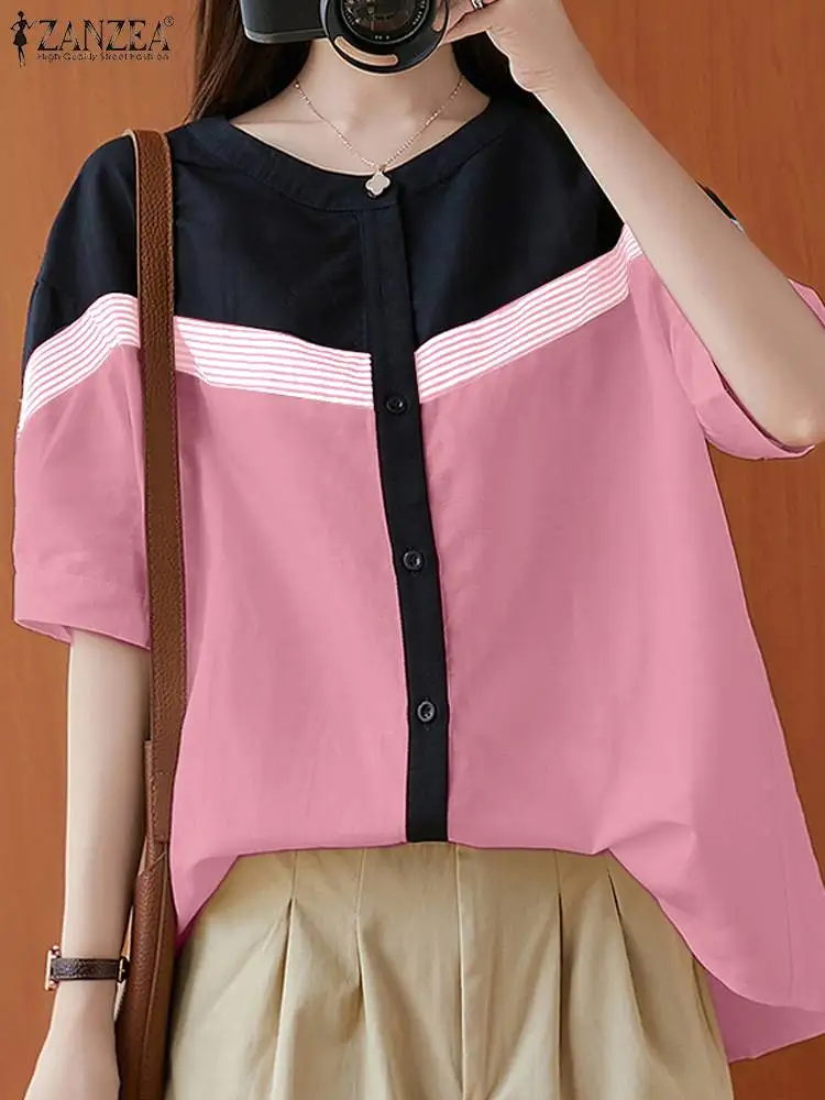 Summer Striped Tops ZANZEA Women Elegant Short Sleeve Patchwork Blouse Stylish OL Work Shirt Casual Loose Holdiay Blusas Tunic