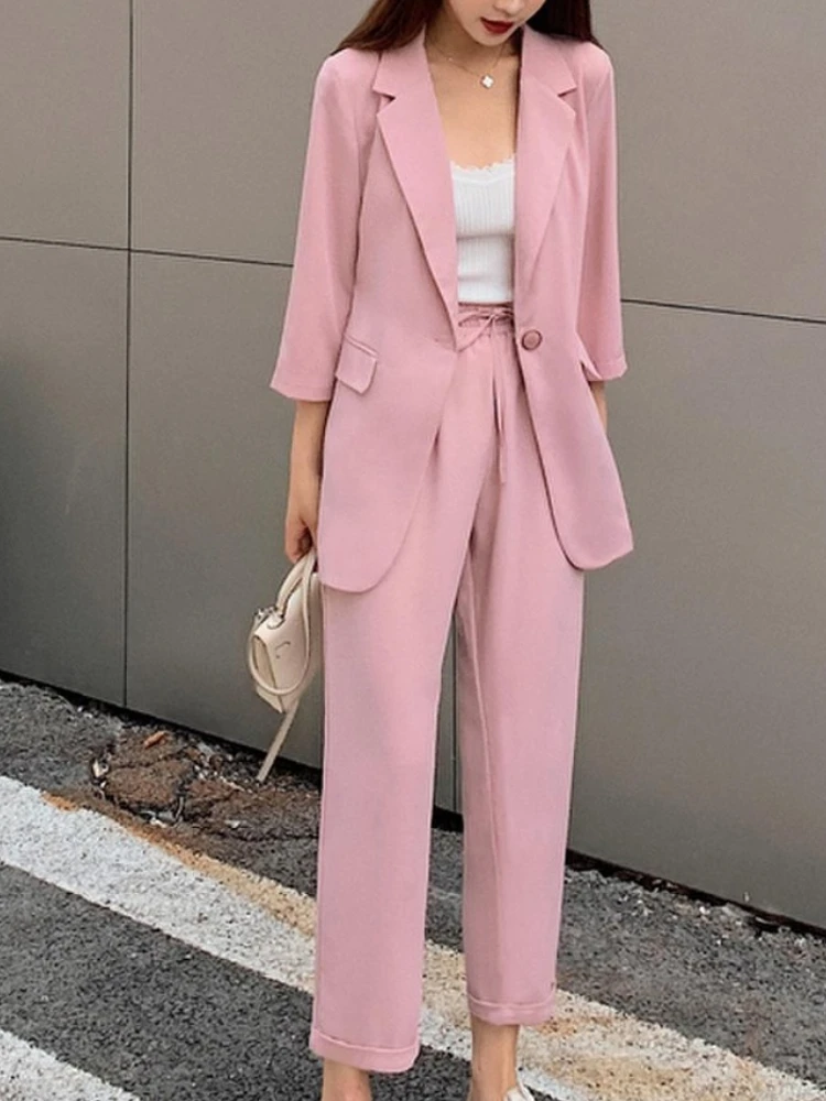 Women\'s Spring Summer Casual Office Suit Solid Color Blazer Pantsuits Button Jacket And Straight Pant 2 Piece Set Female Outfits