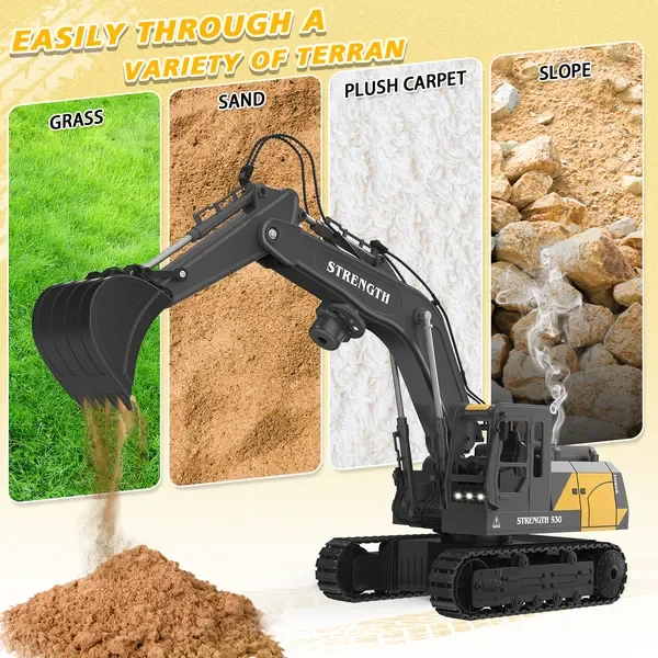1:20 Scale Black Alloy Remote Control Excavator with 12-Way Functionality for Kids and Adults, Realistic Construction Vehicle