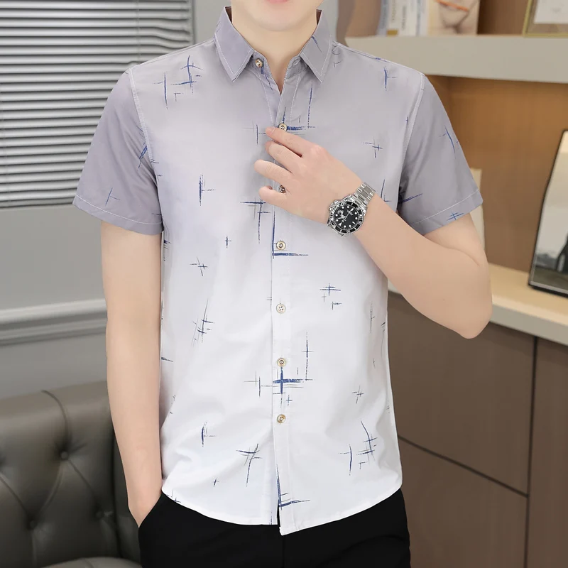 Business Boyfriend Turn-down Collar Gradient Solid Color Button Short Sleeve Printing Cardigan Men\'s Clothing Summer Formal Tops