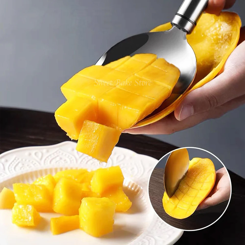 Stainless Steel Mango Slicer Spoon with Non-slip Handle, Mangoes Splitter Corer Divider Cuber Tool, Fruit Dicing Cutting Tools