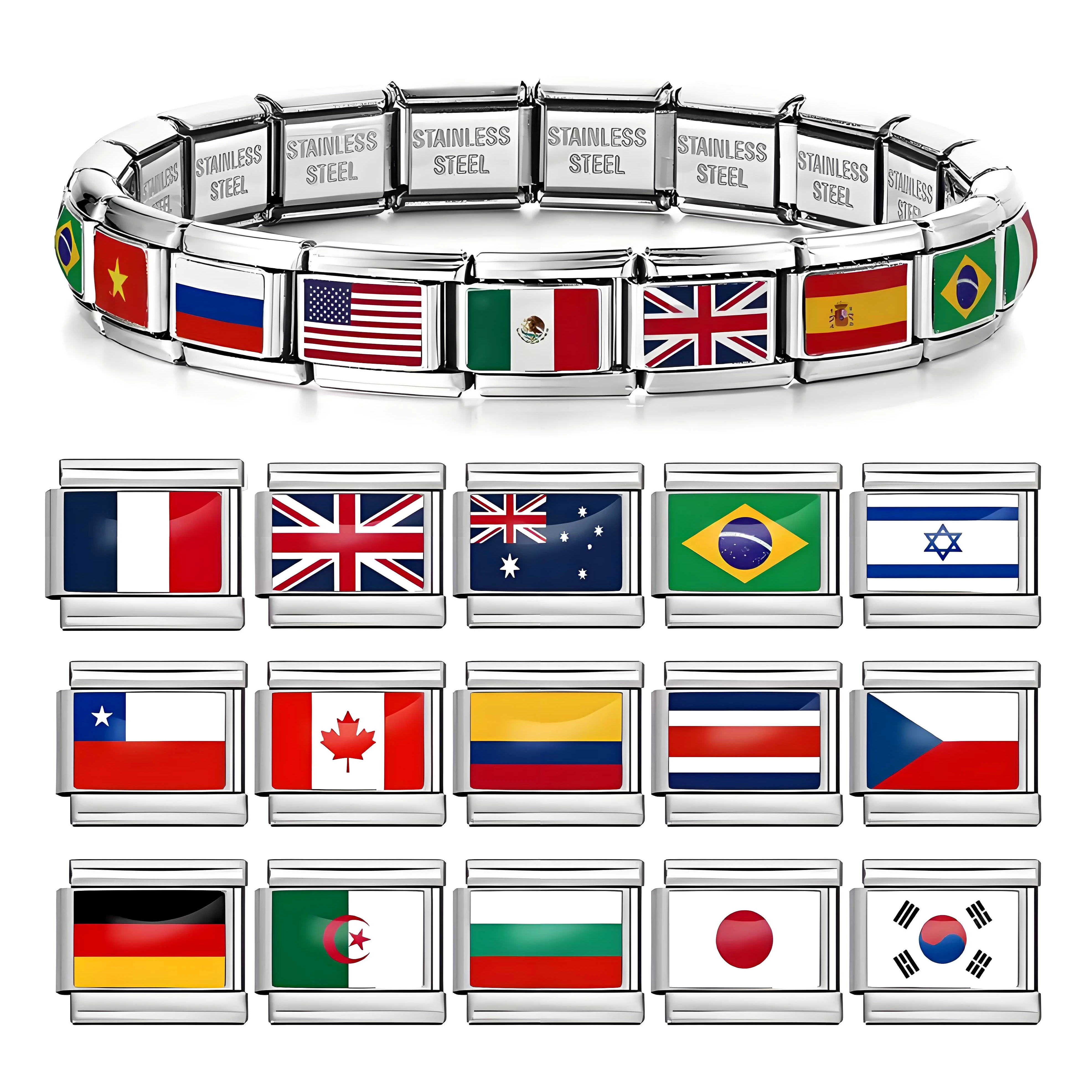 2025 حار بيع العالم العلم الوطني ديزي موضة الإيطالية السحر 9 مللي متر سوار الفولاذ المقاوم للصدأ الروابط DIY بها بنفسك مجوهرات هدايا الرجال النساء