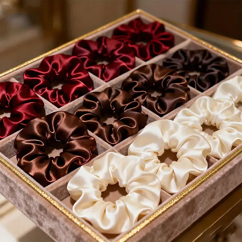 Set de 10 Coleteros de Satén para Mujer y Niña, Color Borgoña, Marrón y Crema, Lazos de Seda para el Cabello, Accesorios Elegantes para el Cabello, Uso Diario, Fiestas y Bodas