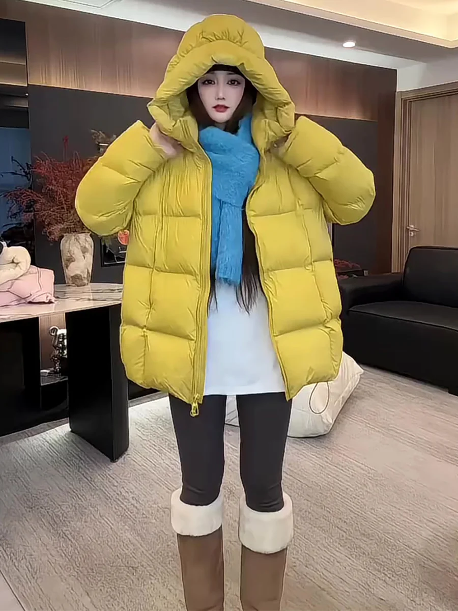 도프네 옐로우 후드 미드-길이 여성용 다운 재킷 따뜻하고 편안한 퍼핀 디자인 한국 스타일 롱 슬리브 지퍼