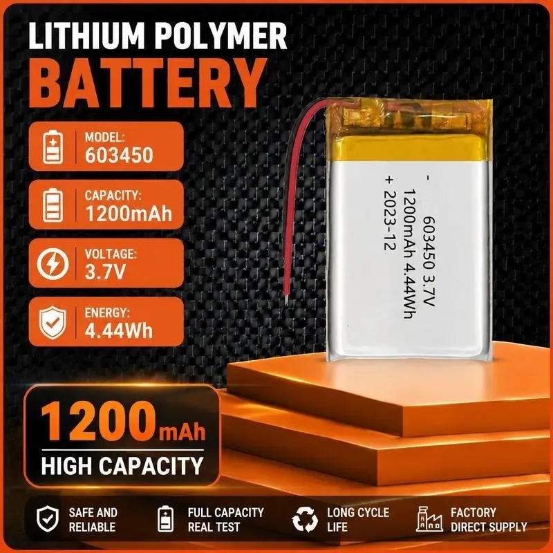 100pcs 603450 polymer lithium battery 1200mAh, driving recorder Bluetooth speaker, code scanner battery 3.7V