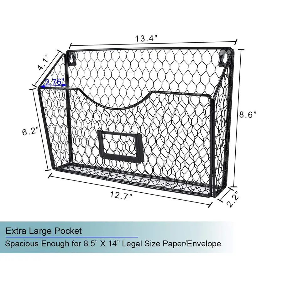 6 Pockets Hanging File Holder Wall Mount Mail Organizer Metal Chicken Wire Magazine Rack with Tag Slot, Black
