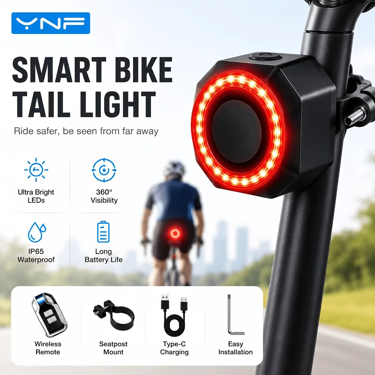 

[YNF Bicycle Ultra-Bright Tail Light & Anti-theft Alarm] | 110dB Vibration Alert, 6+ Months Battery Life