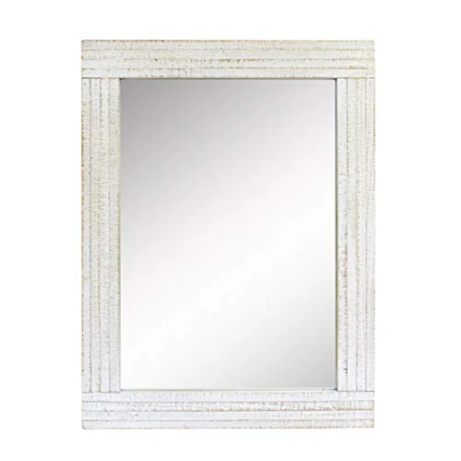 

24" x 18" Rectangle Worn Wood Frame Wall Mirror with Attached Hanging Brackets, Decorative Country Rustic Decor for the Living