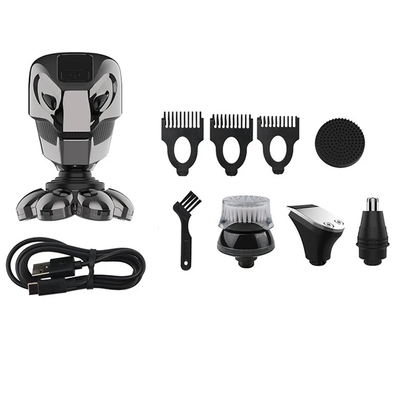 5 In 1 4D Men's Bald Electric Shaver 7 Floating Blades Beard Nose Ear Hair Trimmer Men's Facial Cleansing Brush