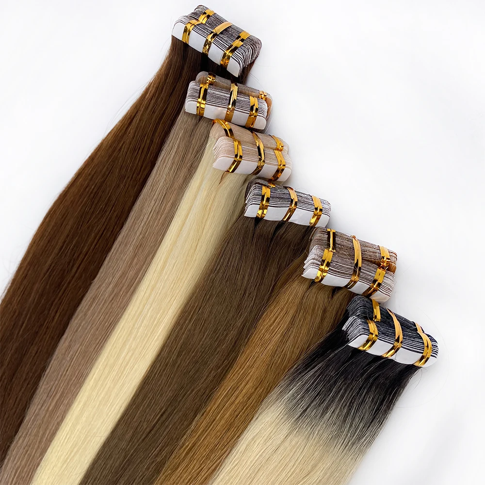 100 グラムストレートテープヘアエクステンション 100% 本物の人毛ナチュラルスキン横糸シームレス両面粘着テープヘアエクステンション