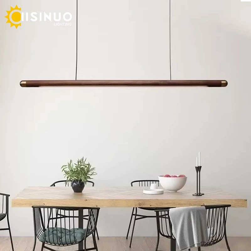 Minimalist Black Walnut Hanging Pendant Light Solid Wood Dining Lamp LED Long Strip Indoor Lighting for Living Room Kitchen Deco