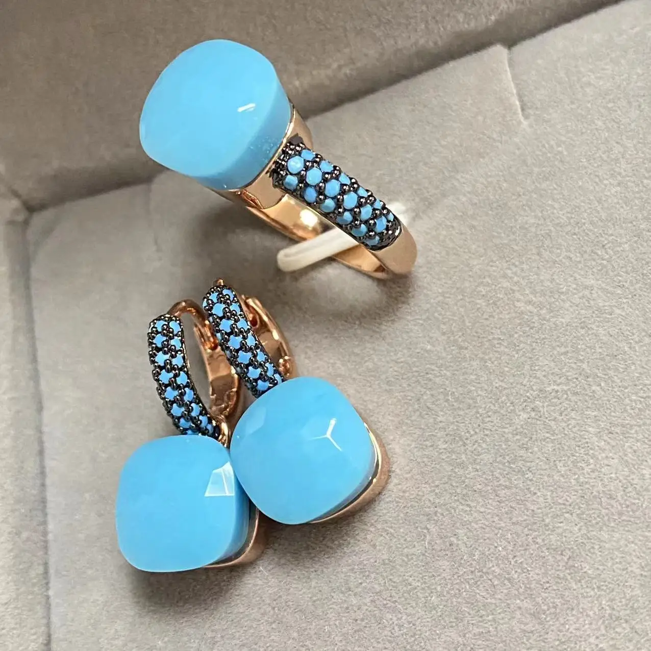 2Pcs/Set Classic Jewelry Set Ring Earrings Inlay Turquoise Zircon With Black Gun Plated 34Colors Candy Crystal Jewelry Set