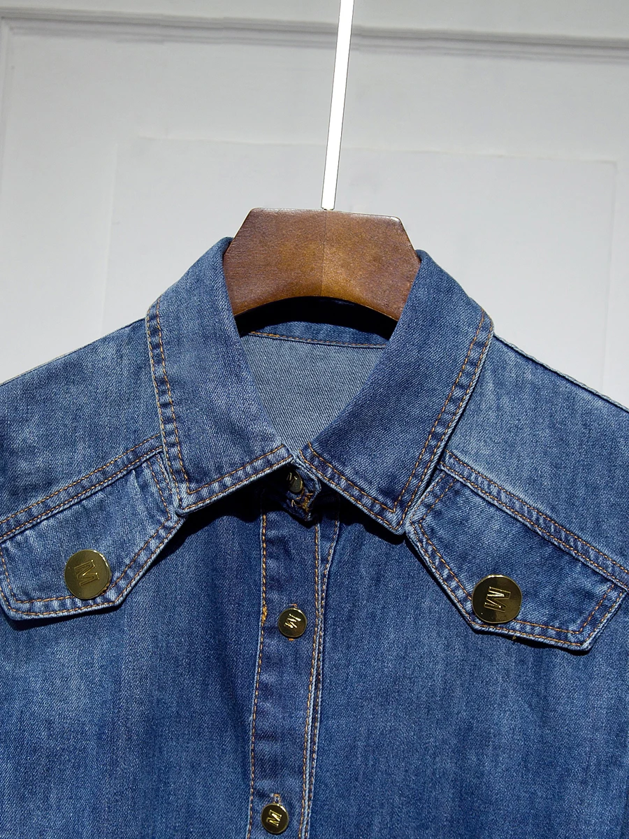 StreetWear Pocket Lapel Mid-Length Denim Shirt Top Women 2022 Spring New Clothes Loose Slimming All-Matching Blue Blouse Coat