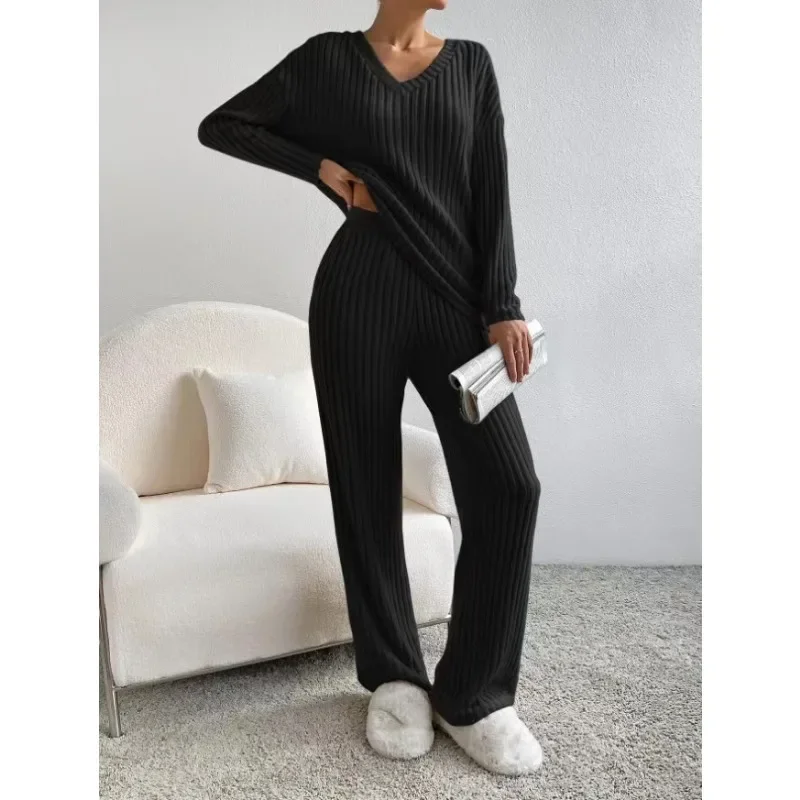 Spring 2024 Autumn New Loose Two-Piece Suit Women Long Sleeve V-neck Pullover Top Mid Waist Pocket Straight Wide Leg Pants Suit