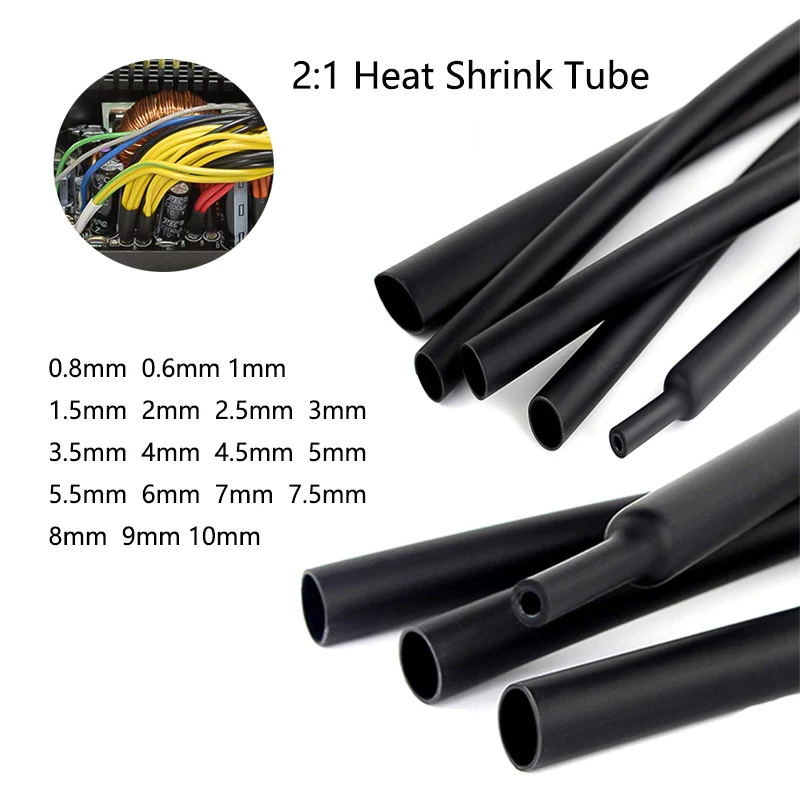 10M Black 2:1 Heat Shrink Sleeving Tube  Electrical Connection Electrical Wire Wrap Cable Waterproof Shrinkage 2:1 Dia0.6-10mm