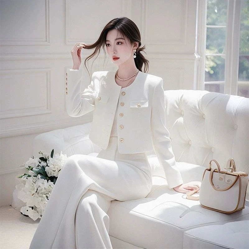 

Women's White Blazer Wide Leg Pants Suit Set Elegant Office Wear Two Piece Outfit Spring Long Sleeve Tops and Trousers Clothing