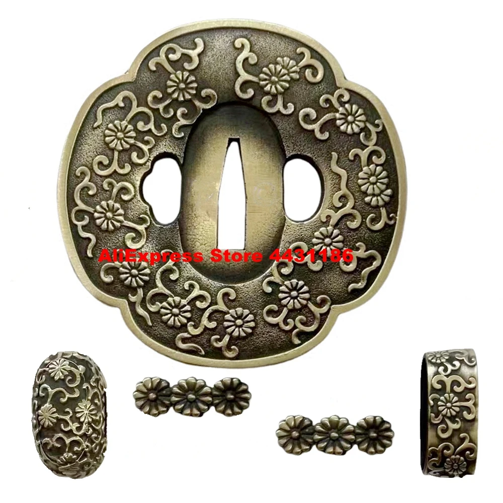 A Set Brass Guard Japanese Samurai Sword Handguard Fittings Tsuba+Menuki+Fuchi+Kashira For Katana/Wakizashi/Tanto Accessory