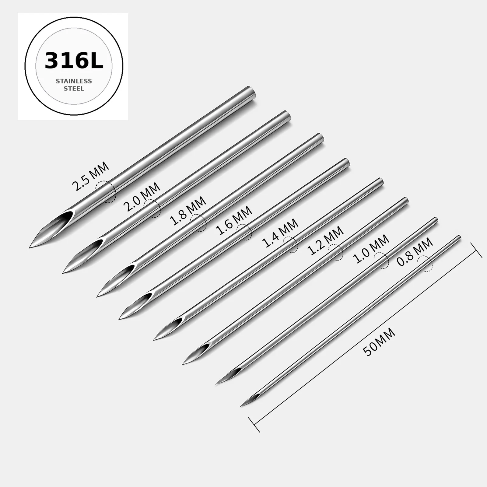 Image of Edelstahlnadeln 0,8-2,5 mm Hohlnadel 50 mm Länge Professionelles Piercing-Werkzeug für Körper, Ohr, Nase, Lippe und Augenbraue