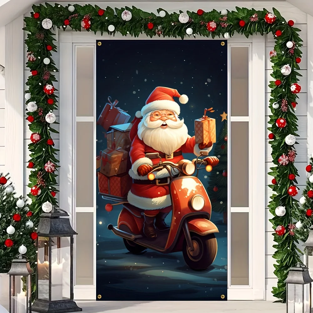 Bandera navideña para puerta de bienvenida, Scooter de Papá Noel con regalos, diseño divertido de dibujos animados, 1 ud.