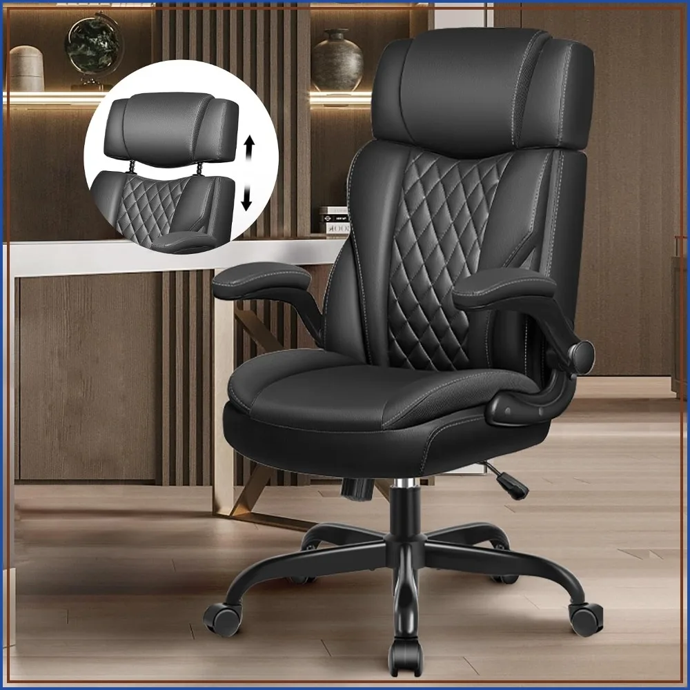 Office Chair Flip Up Arms Ergonomic Leather Desk Chair Lumbar Support Adjustable Headrest Rocking