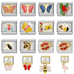 Colorful Glaze Y2k Cute Fashion Bee Butterfly Ladybird Charm Links Fit 9mm Bracelet Stainless Steel Making DIY Jewelry