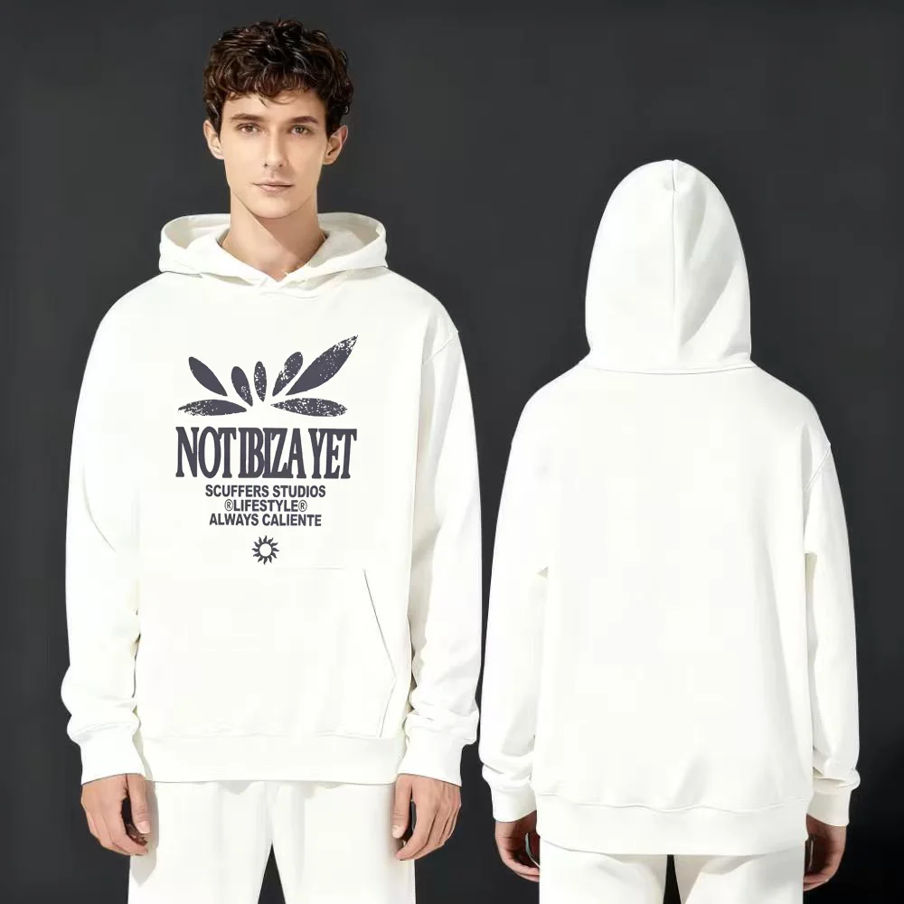 

Comfortable NOT IBIZA YET Print Hoodie SCUFFERS STUDIOS White Casual Unisex Sweatshirt Streetwear Top for Men and Women