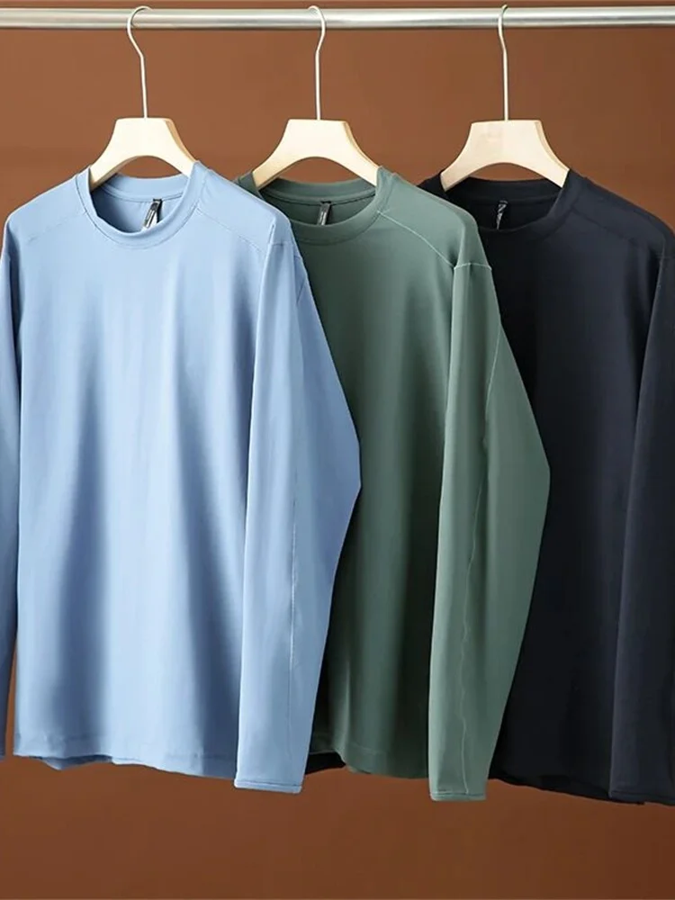 

Легкая быстросохнущая дышащая мужская футболка для активного отдыха, круглый вырез, удлиненный рукав, приталенный крой, молодежный тренд, весна 2024