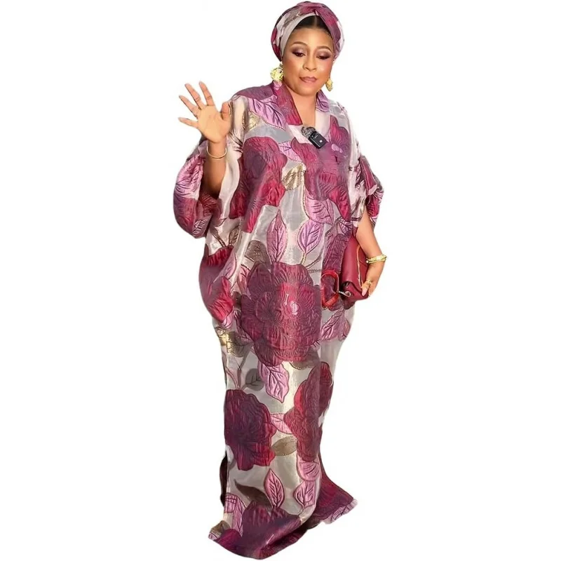 

African Stylish Bubu Dress for Woman Floral Pattern Caftan Gown Adjustable Sleeves with Buckle