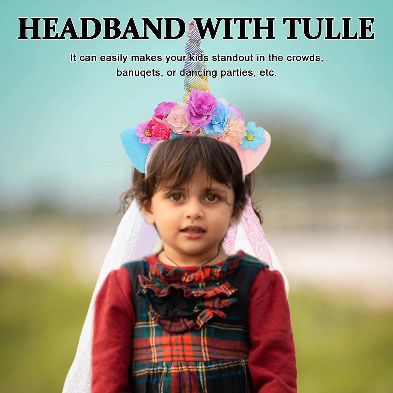 1Pcs Unicorn Headband with Tulle Glitter Ear Rainbow Horn Hair Band Costume Accessory Unicorn Headband with Tulle