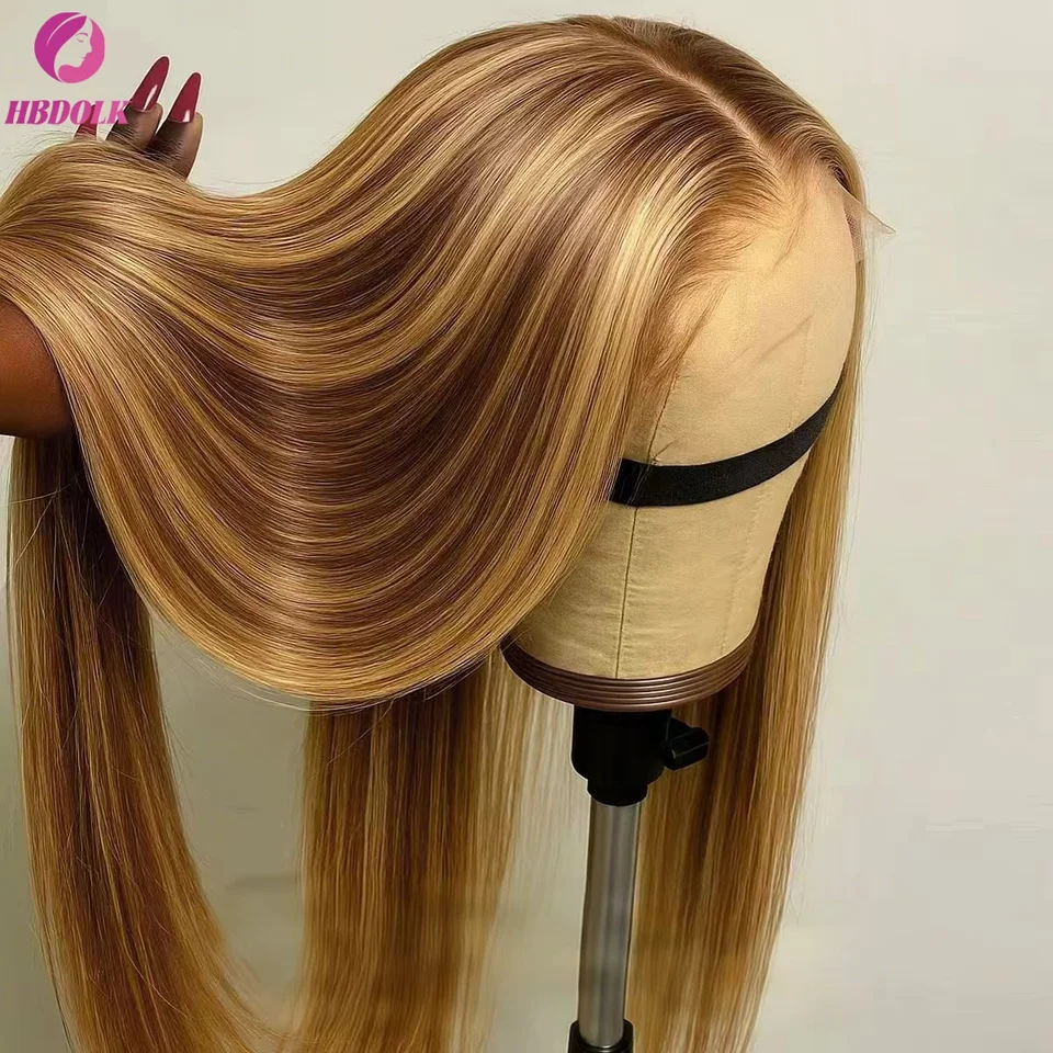 Peluca de encaje frontal de cabello humano, Ombre rubio miel con reflejos 4/27, 5x5 o 13x4, lacia, previamente arrancada con baby hair