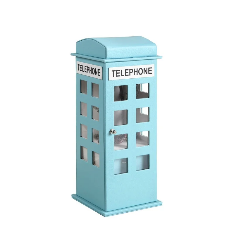 

11.5" Pastel Blue Leather Jewelry Box with British Telephone Design