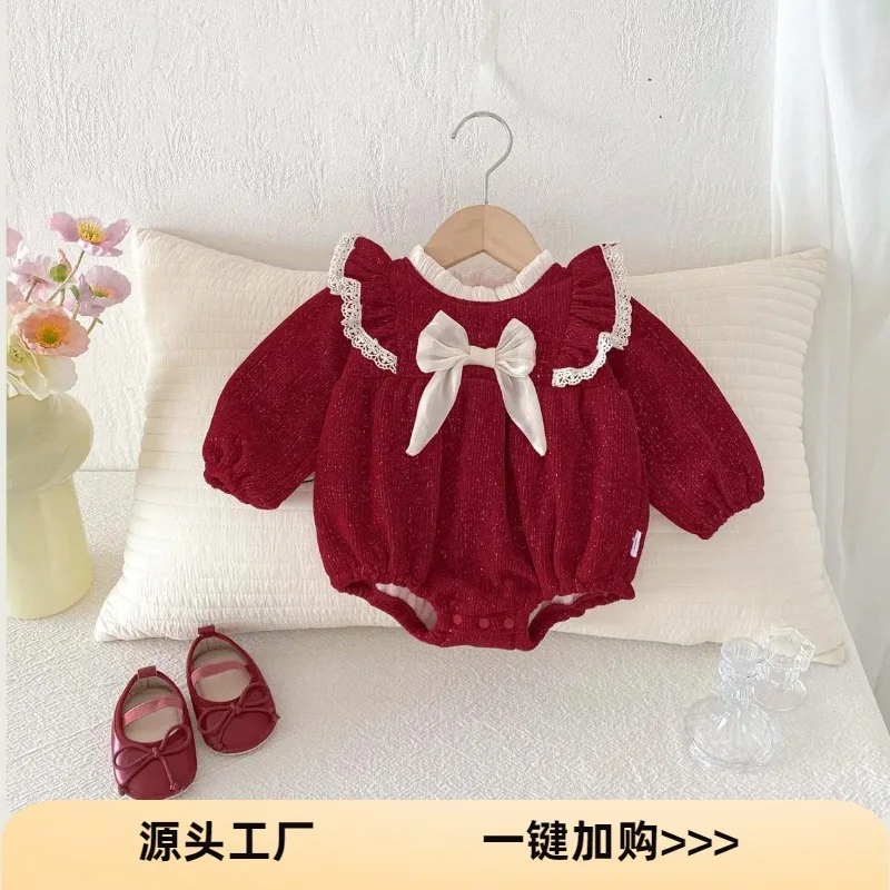 

Winter New Baby Girl Festive Red Lace Side Sleeves Bag Fart Clothes for Infants and Toddlers with Velvet Bow Tie