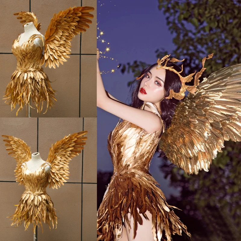 Adults Sexy Gold Dress Feather Angel wings Bar Show Costume Children' Cute Fairy Wings+Dress Nice Photography Props