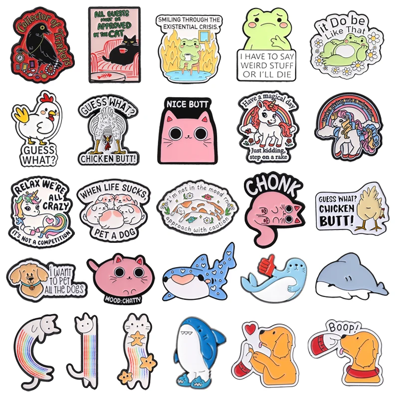 Cartoon Animal Series Enamel Pins Overthinking Frog Shark Collector of Trinkets Crow Stretch Cat Brooches Badge Jewelry Gifts