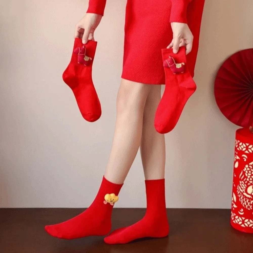 

Cartoon Pony New Year Tube Socks Yuanbao Mid Calf Year of The Horse Socks Chinese New Year Good Luck Red Cotton Socks