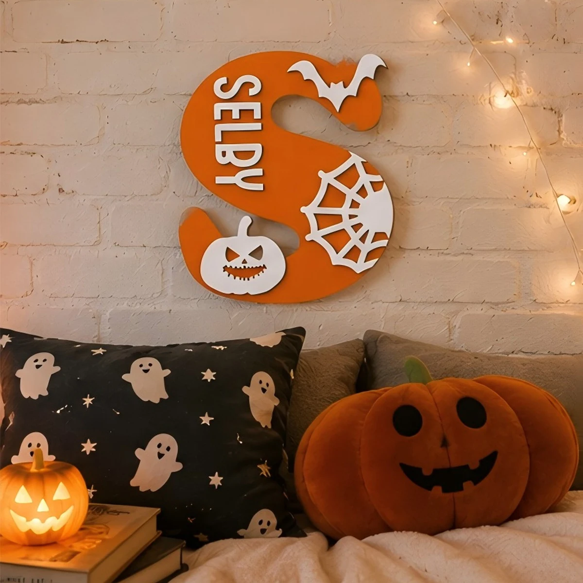 Custom Halloween Initial Letter Wooden Name Monogram Plaque With Bat Spider Web Jack‑O'‑Lantern,Fall Wall Decor,Halloween Gift