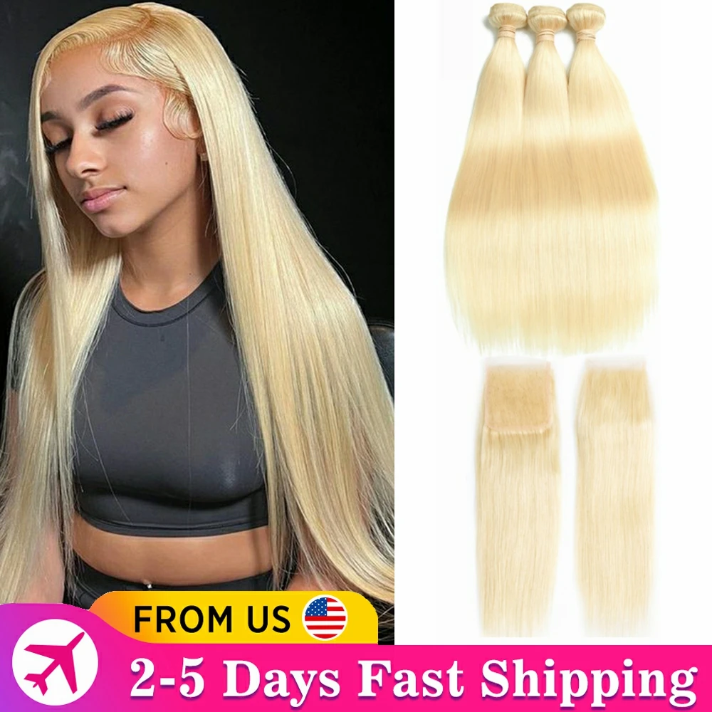 Luxediva 613 Color Blonde Bundles With 4x4 Lace Closure Human Hair Peruvian Honey Blonde Straight  Weave Bundles Remy Extension